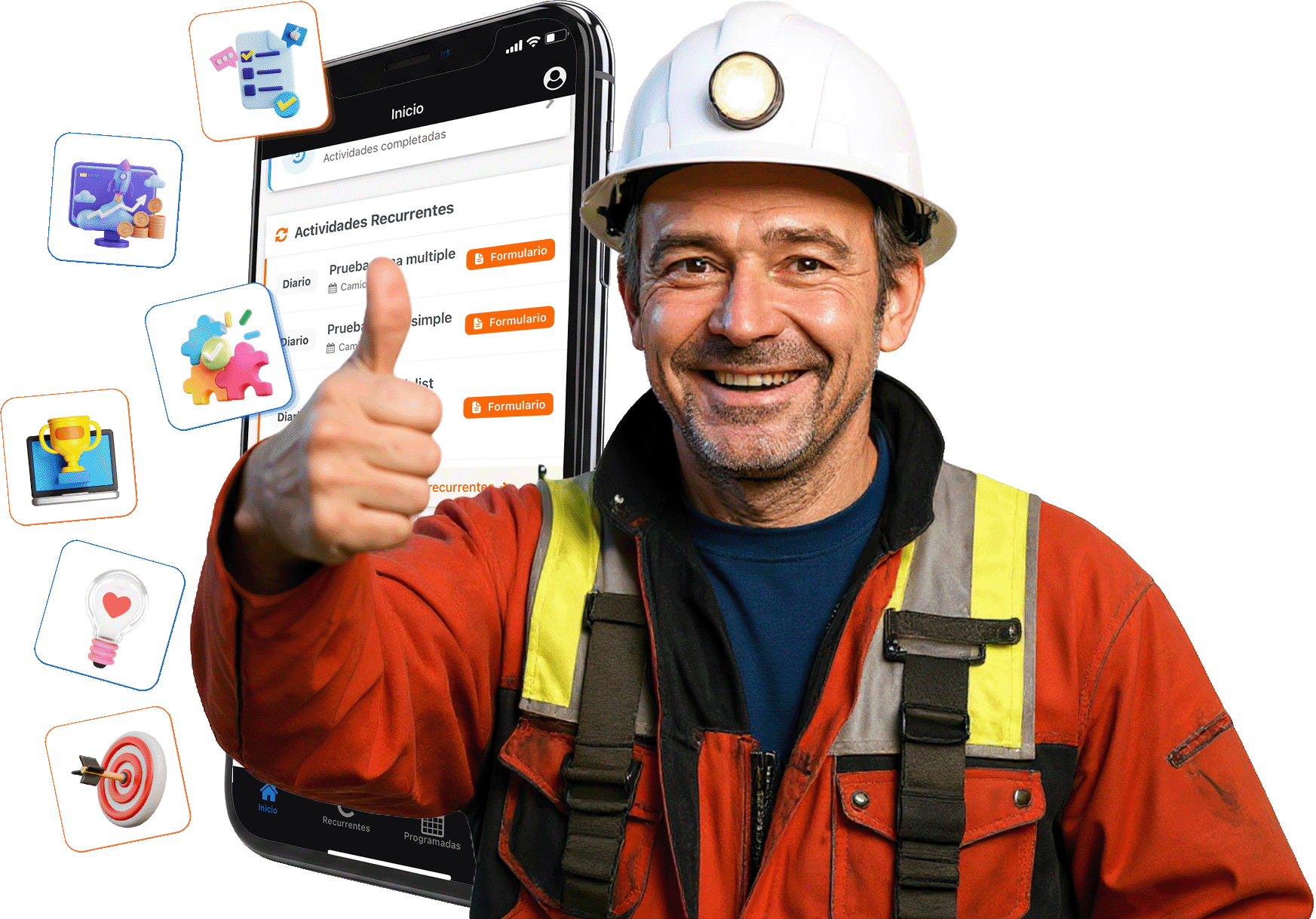 Minero con celular e iconos de beneficios